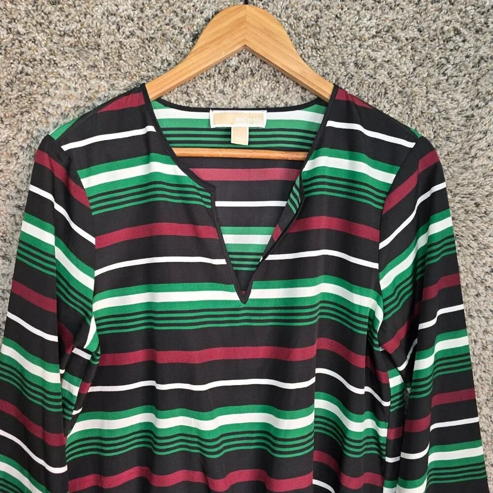Michael‎ Kors Top Womens Large Black Green Striped V Neck Blouse Semi Sheer